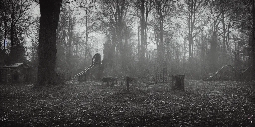 Prompt: a creepy atmospheric play ground in the dark woods, abandoned, haunted, ghost children, ghost hunters, volumetric lighting, film shot, 1950's, ISO 1800, scratches
