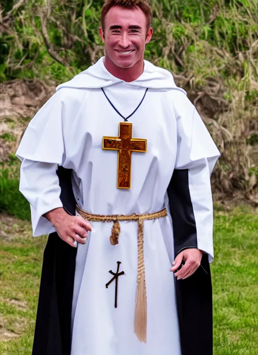 Image similar to billy herrington priest, 4 k, real life photo, photorealistic, high details, detailed face, priest uniform