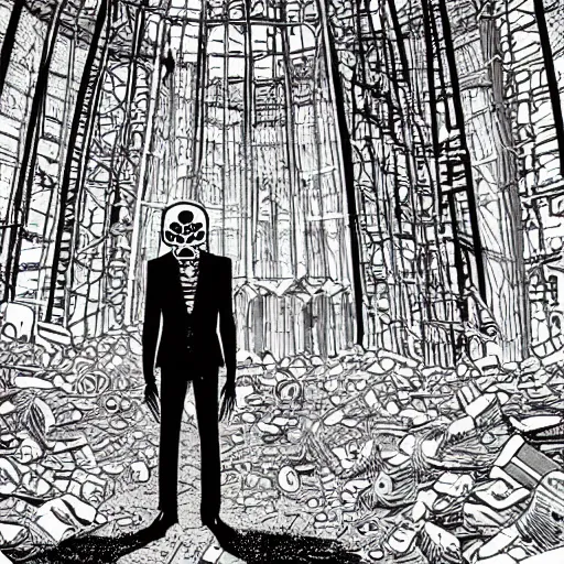 Image similar to a skeleton wearing a suit standing in ruins of nuclear explosion by Dan Mumford