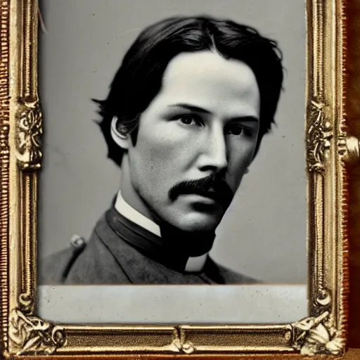 Prompt: headshot edwardian photograph of keanu reeves as a union general in the us civil war, 1 9 2 0 s, realistic face, 1 9 1 0 s, grainy, victorian, detailed, soft blur