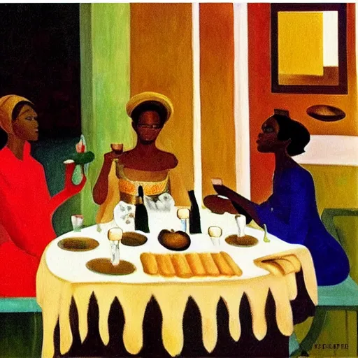 Image similar to dark skinned people eating at a regal buffet ultra detailed beautiful setting elegant event nigerian party minimalist gold ornaments iridescent lighting in the style of edward hooper and henri matisse oil painting