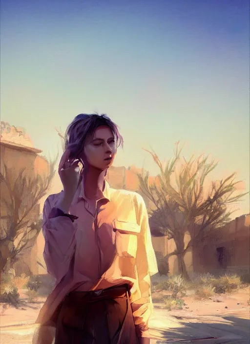 Image similar to digital art of a beautiful girl wearing a shirt standing in front of a ruined apartment complex, desert composition, sunlit, expressive oil painting, by artgerm, by jeremy lipking, anime style, octane render, bright colors, face!!!! close - up