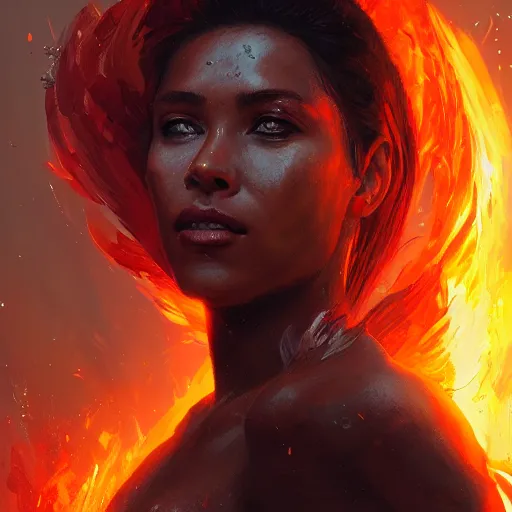 Image similar to a beautiful portrait of a fire goddess by greg rutkowski and raymond swanland, trending on artstation, flaming background, ultra realistic digital art