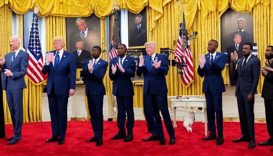 Image similar to hyperrealistic photograph of joe biden, donald trump, will smith, chris rock, kanye west, and pete davidson pledging allegiance, photorealism,