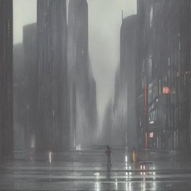 Image similar to dystopian cyberpunk city on a rainy melancholy night, by edward hopper