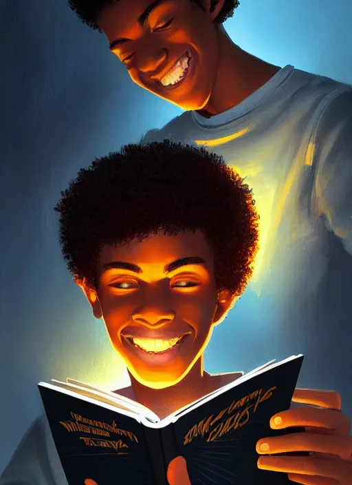 Image similar to portrait of teenage chuck clayton, black teenage boy, short curly hair, short hair square jaw, slight excited smile, reading a comic book, intricate, elegant, glowing lights, highly detailed, digital painting, artstation, concept art, smooth, sharp focus, illustration, art by wlop, mars ravelo and greg rutkowski