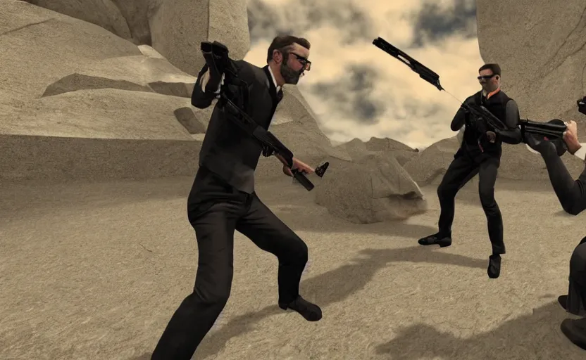 Prompt: gordon freeman vs james bond photorealistic gun fight, wide angle