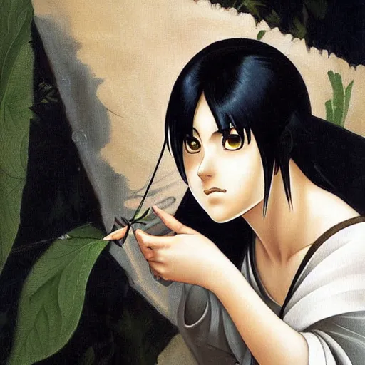 Image similar to hinata hyuga from naruto, beautiful, cute, painting by caravaggio