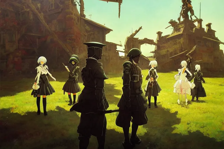 Prompt: anime key visual of high fantasy and great war with anime maids as soldiers, covered in blood, tower of skulls looms in the background, style of jamie wyeth james gilleard edward hopper greg rutkowski acrylic painting, preserved museum piece, historical