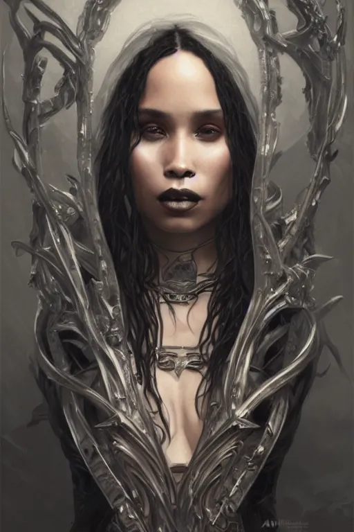 Image similar to ultra realistic illustration, zoe kravitz as the gothic vampire queen, intricate, elegant, highly detailed, digital painting, artstation, concept art, smooth, sharp focus, illustration, art by artgerm and greg rutkowski and alphonse mucha