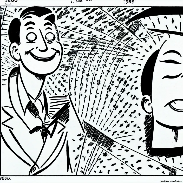 Image similar to a still frame from comic strip, smiling sun 1 9 5 0, herluf bidstrup, new yorker illustration, monochrome contrast bw, lineart, manga, tadanori yokoo, simplified,