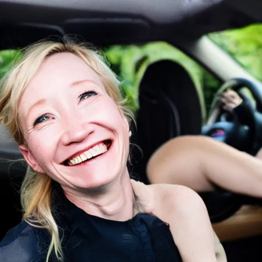 Prompt: portrait of anne heche after her car crash, smiling laughing, burn scars, flaming car, 8 k perfect face, photorealistic.