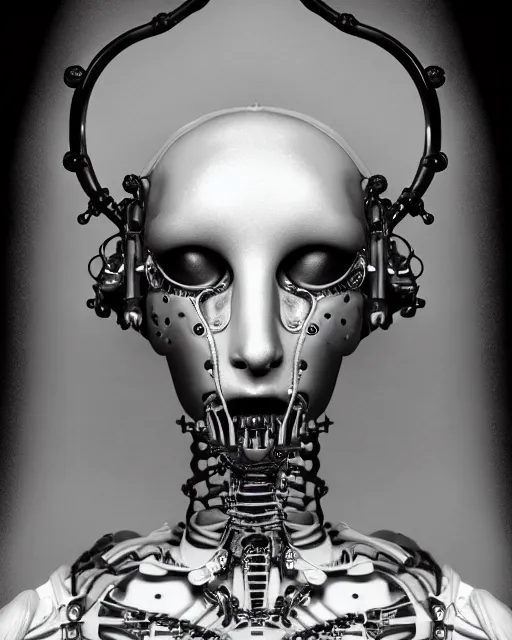 Image similar to black and white dreamy foggy smoky profile face portrait, one silver steampunk realistic eye biomechanical beautiful young female cyclope - cyborg - robot bust, body ribs meshes,, volumetric light, hibiscus flowers, by hg giger, rim light, by dora maar and cecile beaton, big gothic fashion pearl embroidered collar, 8 k