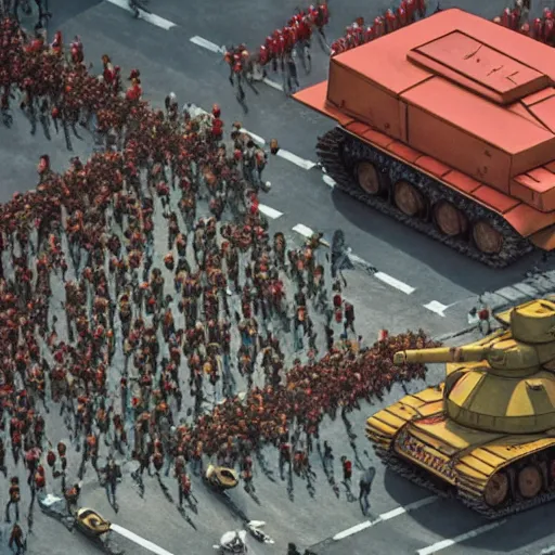 Prompt: 1 9 8 9 tiananmen square protest, winnie the pooh sitting in front of chinese type 5 9 battletank, dystopian, highly detailed, photorealistic, octane render, 8 k, unreal engine. art by artgerm and greg rutkowski and alphonse mucha, epic vibrant aerial cinematic still