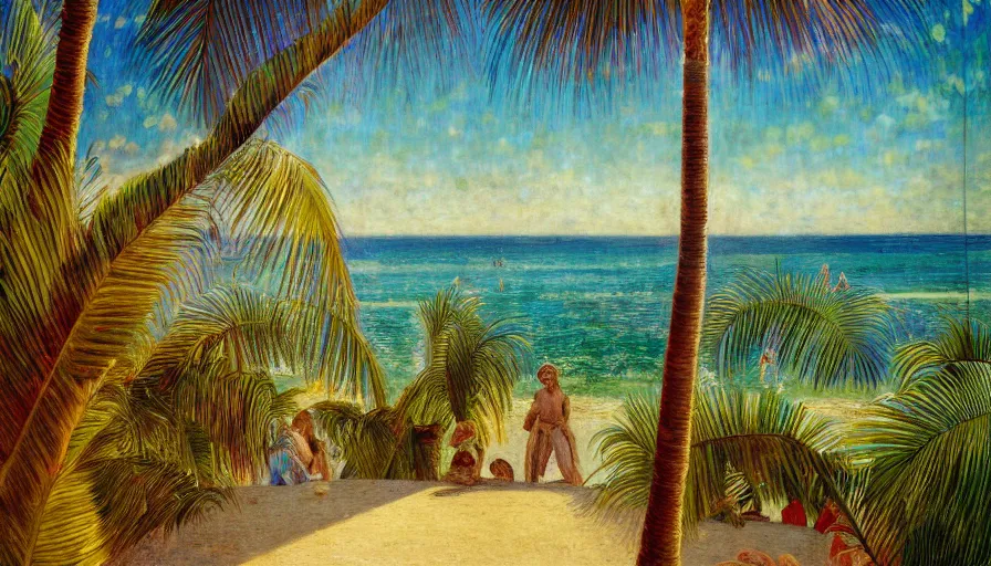 Image similar to a ultradetailed beautiful painting of the amazonas palace balustrade designed by jules bastien - lepage, tarsila do amaral, frank weston and gustave baumann, beach, trending on artstation, mediterranean, palm trees, sharp focus, colorful refracted sparkles and lines, soft light, 8 k 4 k