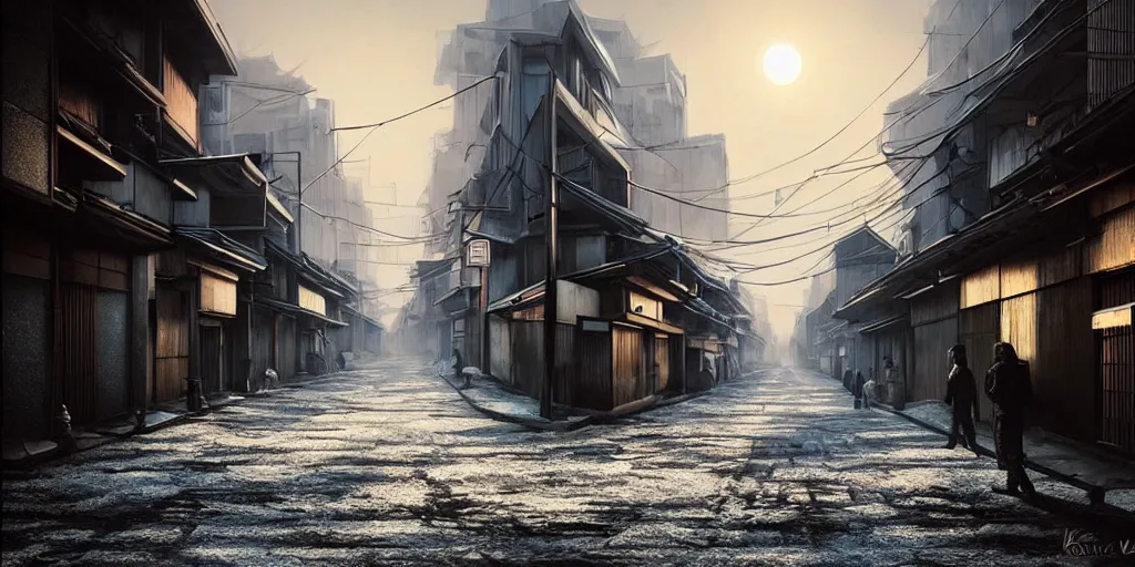 Prompt: nuclear winter, street of kyoto, near future, fantasy, sci - fi, hyper realistic, serene, morning.