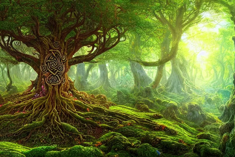 Image similar to a beautiful and highly detailed digital painting of a celtic elven tree in a lush forest, psychedelic patterns, celtic, intricate details, epic scale, 8 k, sharp focus, photorealism, artstation, cgsociety, by caspar friedrich, albert bierstadt, james gurney, brian froud,