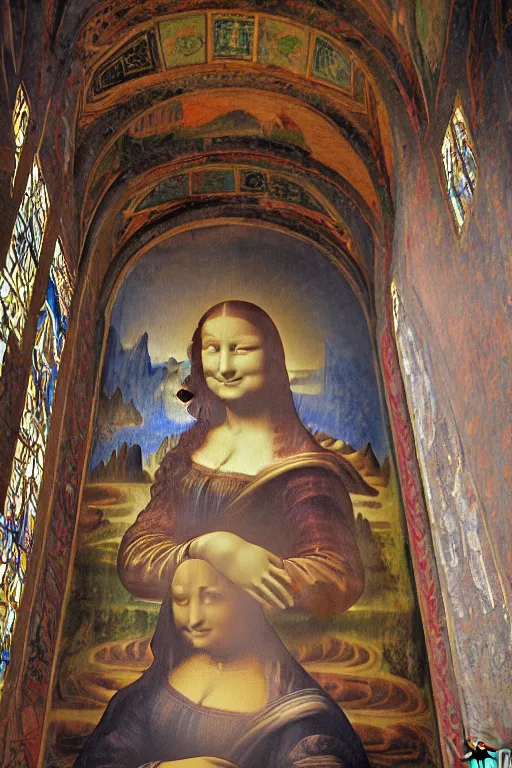 Prompt: ceramic glass collage inlaid frescoes, mona lisa's smile, in the church of san vitale, italy,