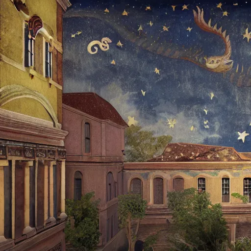 Image similar to hd photo of a fresco!! on a building, with dragon and ( falling stars ), dark faded colors, in style of henri rousseau, denoise, deblur, unreal engine, photorealism