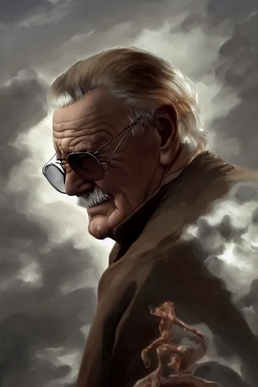 Image similar to Stan Lee on a caravaggio cloudy background, intricate, elegant, highly detailed, artstation, concept art, smooth, sharp focus, illustration, , digital art from artstation, digital art from deviantart, by Stjepan Sejic, Ruan Jia, and Mandy Jurgens, and Artgerm, and william adolphe bouguereau