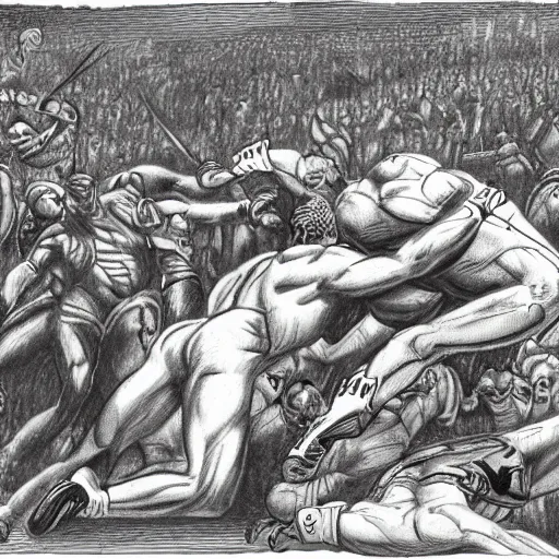 Prompt: hero wrestling against a lion in the middle of an arena, crowd of people, pencil art, added detail, high definiton, colored, aerial view