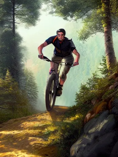 Image similar to handsome man riding a mountain bike in the wild. intricate, elegant, highly detailed, digital painting, artstation, cinematic shot, concept art, sharp focus, illustration, by justin gerard and artgerm, 8 k