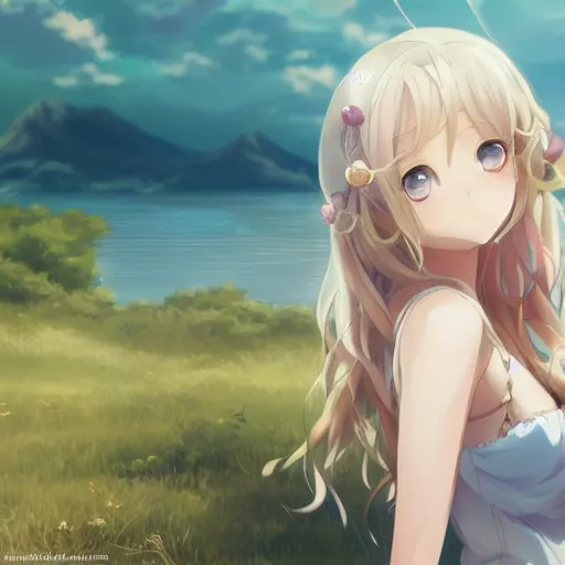 Image similar to a very beautiful anime girl, full body, long wavy blond hair, sky blue eyes, full round face, short smile, cute top, short jeans, summer lake setting, cinematic lightning, medium shot, mid-shot, highly detailed, trending on Artstation, Unreal Engine 4k, cinematic wallpaper by Stanley Artgerm Lau, WLOP, Rossdraws, James Jean, Andrei Riabovitchev, Marc Simonetti, and Sakimichan