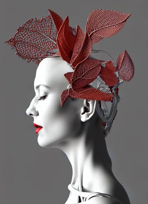 Image similar to complex 3d render ultra detailed of a beautiful porcelain profile woman face, mechanical cyborg, 150 mm, beautiful natural soft light, rim light, silver gold details, magnolia big leaves and stems, roots, fine foliage lace, maze like, mesh wire, red lips, intricate details, hyperrealistic, ultra detailed, mandelbrot fractal, anatomical, white metal neocubism armor, facial muscles, cable wires, microchip, elegant, octane render, H.R. Giger style, 8k