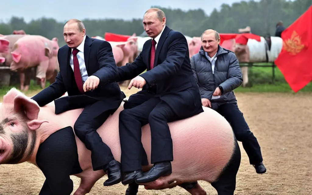 Image similar to vladimir putin rides on pig with face of alexander lukashenka