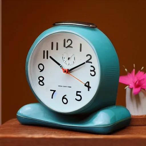 Prompt: “A bedside alarm clock from the 1960s that displays an alien time”