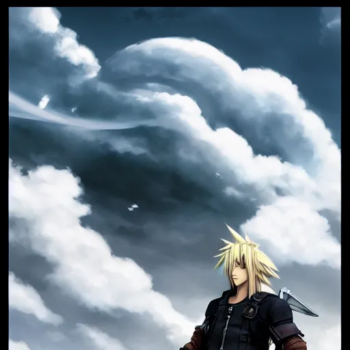 Prompt: cloud strife's face in a sky cloud, artstation, high contrast, highly detailed, epic, 4 k, artstation, greg rutkowski, makoto shinkai, beautiful sky