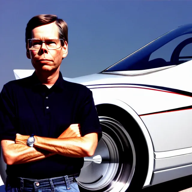 Image similar to a photo of bob lazar standing by honda jet engine car, cinematic lighting, detailed symmetrical face, photorealistic, highly detailed