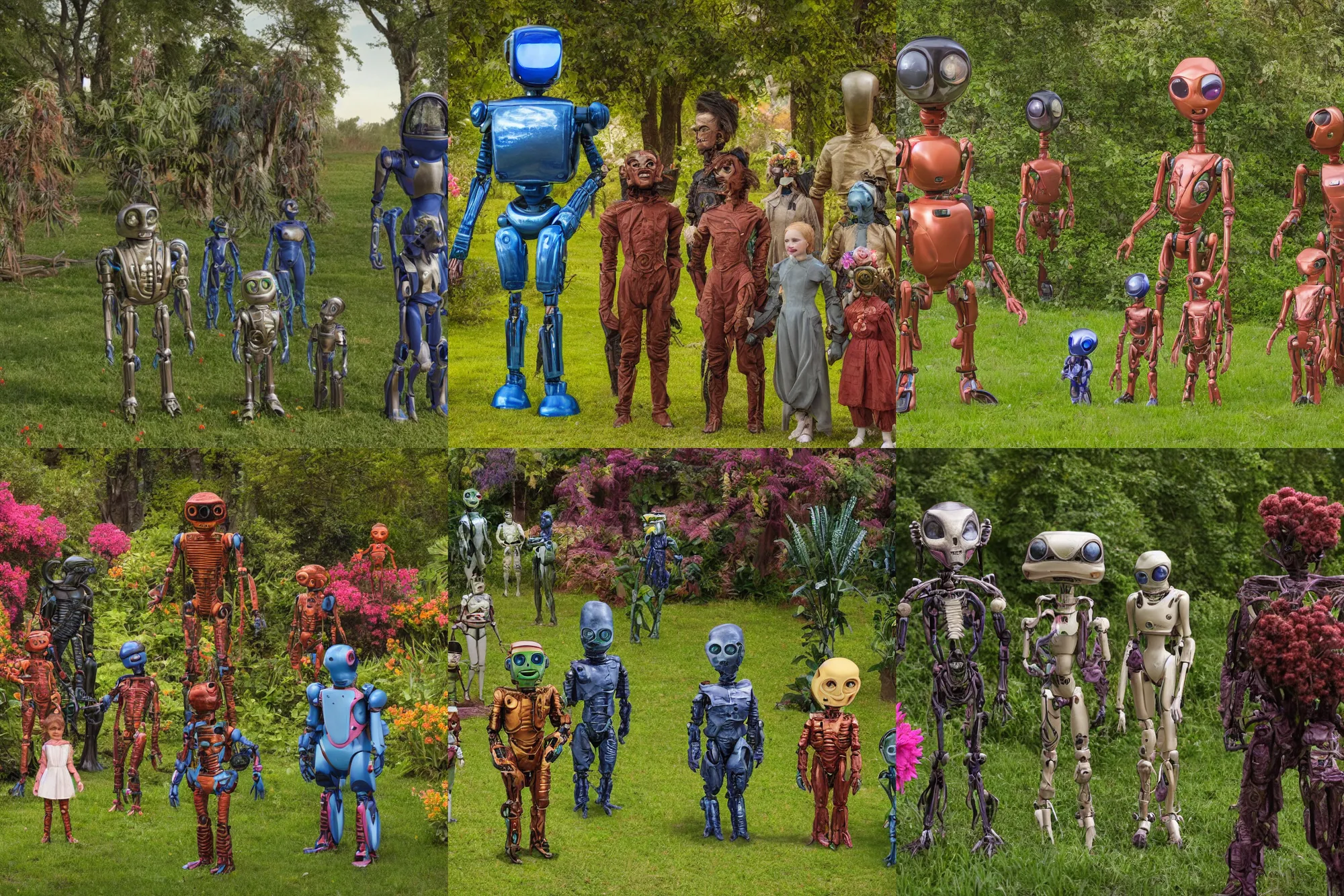 Prompt: 1612800mm film still from a sci fi blockbuster color movie made in 2019, set in 1860, of a human family standing in a park, next to some alien plants and flowers, their cute humanoid robot is standing next to them, on an alien planet, the family are all wearing 1850s era clothes, good lighting, good photography