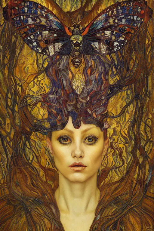 Image similar to Metamorphosis by Karol Bak, Jean Deville, Gustav Klimt, and Vincent Van Gogh, transformational chimera portrait, visionary, cicada wings, transformation, chimera, metamorphosis, otherworldly, fractal structures, ornate gilded medieval icon, third eye, spirals, horizontal symmetry