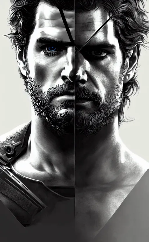 Image similar to portrait of henry cavill as solid snake, eye patch, metal gear solid, upper body,, henry cavill!!!, fantasy, intricate, elegant, highly detailed, digital painting, artstation, concept art, smooth, sharp focus, illustration, art by artgerm and greg rutkowski and alphonse mucha