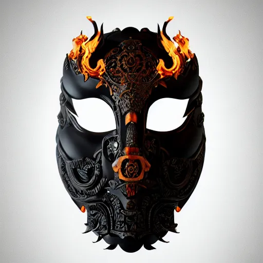 Image similar to an elaborate intricate mask made of flames on an obsidian slab, rendered in octane, behance hd, bokeh obsidian backdrop