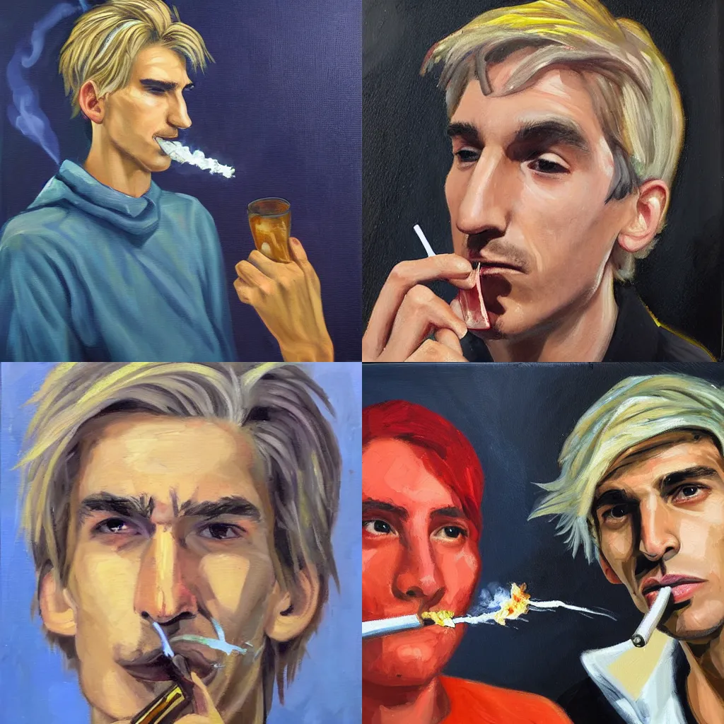 Prompt: xqc smoking a joint oil painting