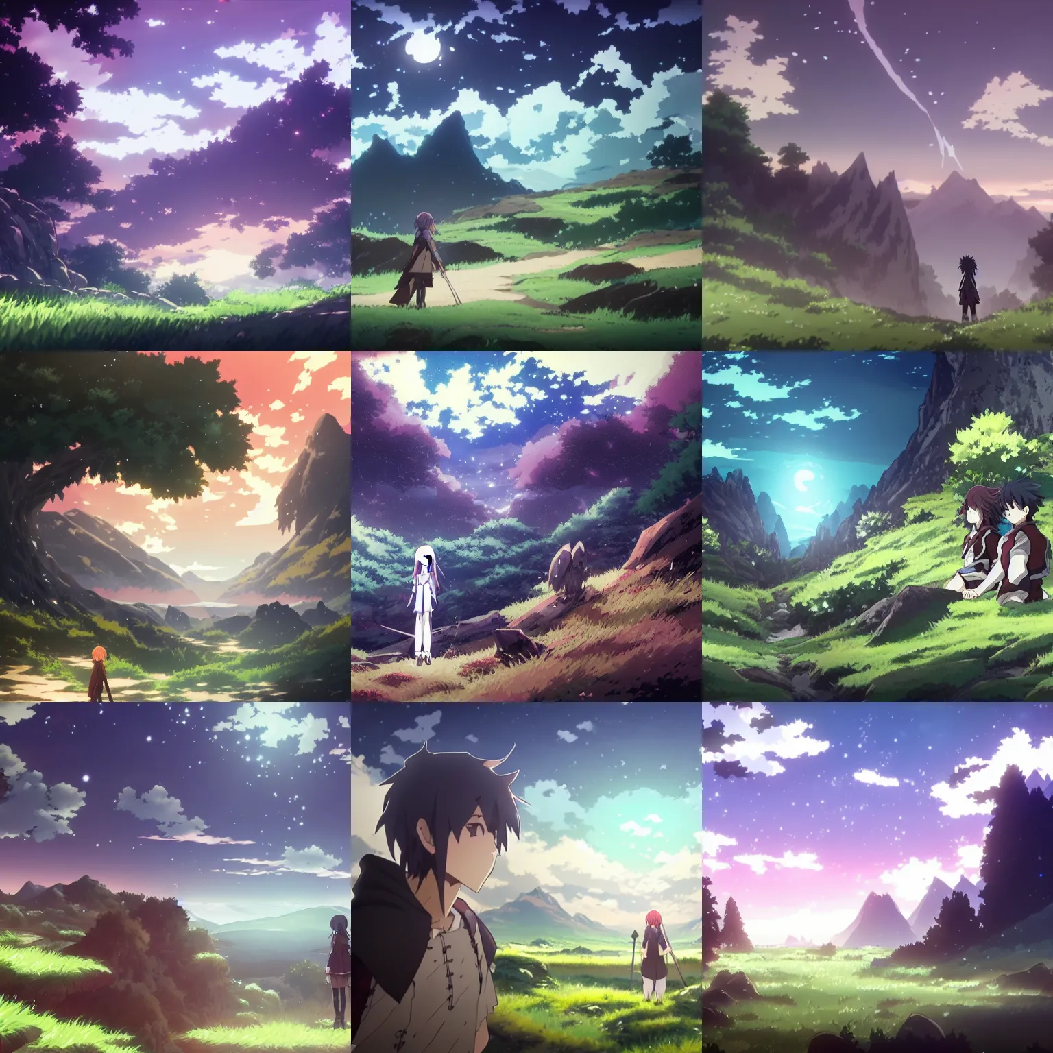 Prompt: a landscape in the style of grimgar and gleipnir and yofukashi no uta