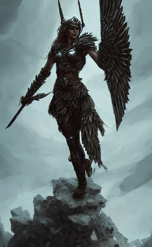 Prompt: valkyrie standing triumphantly atop a pile of bones, epic fantasy, insane details, illustration, artstation, intricate, sharp focus, elegant, concept art