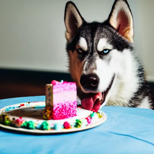 Prompt: a high - quality photo of a happy husky with a birthday cake, 4 5 mm, f 3. 5, sharpened, iso 2 0 0, raw, food photography