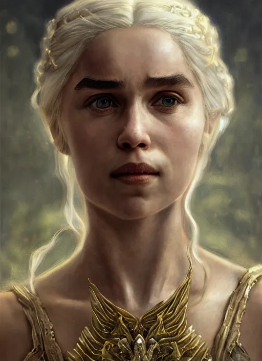 Image similar to cinematic portrait painting daenerys targaryen in fantastic dress aside dragon, royally decorated crystal gemstones incrustations, medium shot, clear symmetrical face enhancement, by lawrence alma - tadema, jaime jones, greg rutkowski, volumetric lights, deviantart contest winner, artstation, fantasy art, highly detailed, golden ratio, smooth, sharp focus