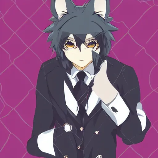 Image similar to modern anime portrait an anthro male wolf furry fursona in a formal outfit, handsome anime eyes, key anime visuals