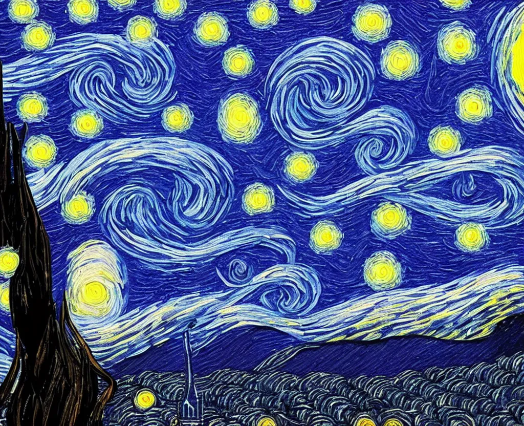 Prompt: Starry Night painting but much better, digital art, intricately detailed