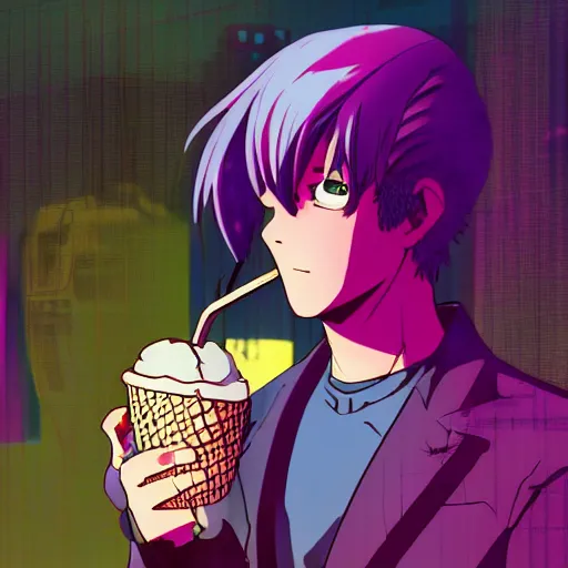 Image similar to anime joe biden eating ice cream, 3 5 mm film still, wired landscape, cyberpunk, volumetric lighting, photo realistic, digital art, anime background, violet colour palette, very detailed faces