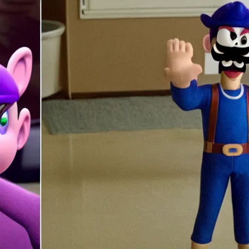 Image similar to a film still of waluigi in stranger things