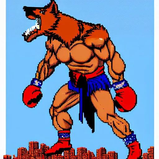 Image similar to full body portrait. 1 6 bit sega graphics. antropomorphic muscular masculine wolf, kickboxer fighter, in shorts, in front of destroyed city. wolf head. furr on body. at night. 1 9 8 9