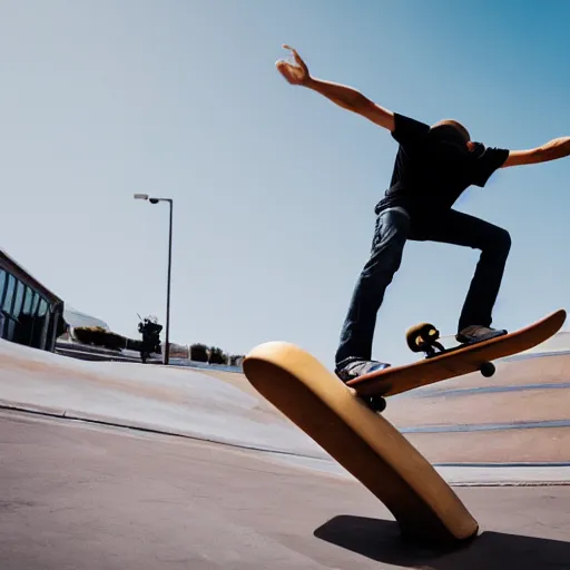 Prompt: man skateboarding on a giant nose, photography,