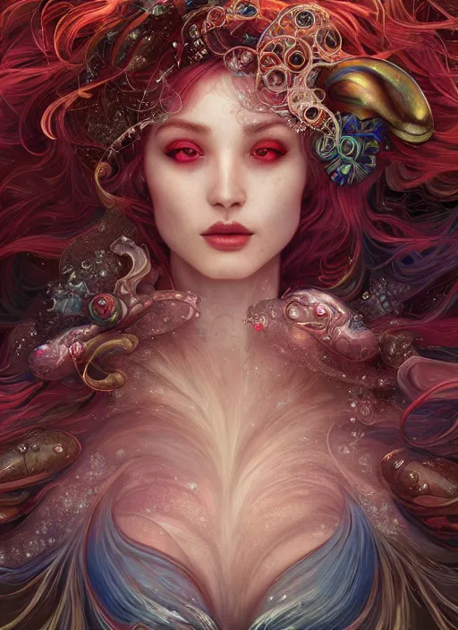 Image similar to an underwater photographic beauty portrait of an anthropomorphic ruby gemstone goddess, cinematic, volumetric lighting, fantasy, intricate, elegant, highly detailed, digital painting, artstation, concept art, smooth, sharp focus, illustration, art by ayami kojima, artgerm and h r giger and alphonse mucha