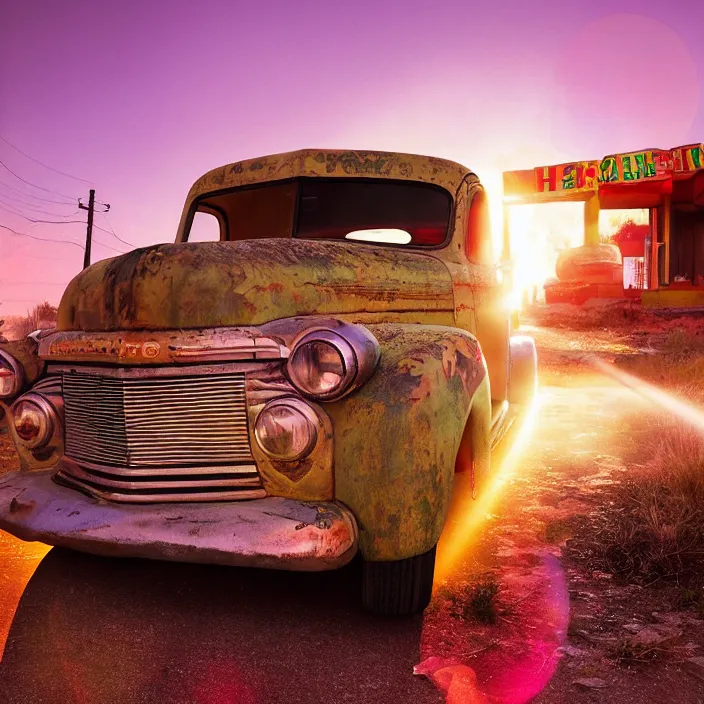 Image similar to a sunset light landscape with historical route 6 6, lots of sparkling details and sun ray ’ s, blinding backlight, smoke, volumetric lighting, colorful, octane, 3 5 mm, abandoned gas station, old rusty pickup - truck, beautiful epic colored reflections, very colorful heavenly, softlight