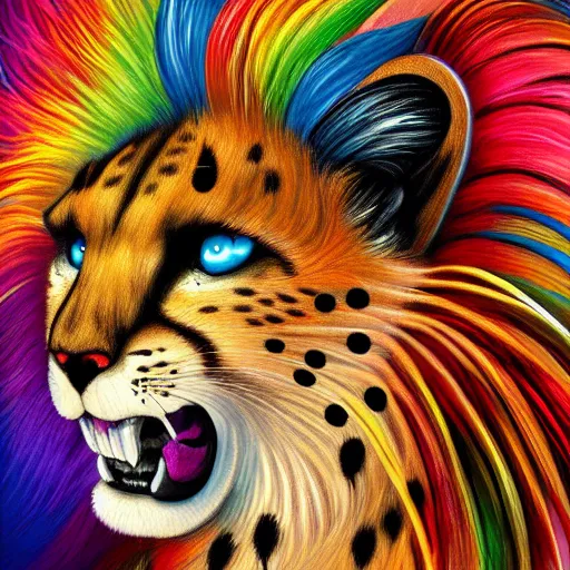 Image similar to cute fluffy cheetah cat mixed creature with long colorful flowing lion mane with mohawk hairstyle hybrid animal detailed painting 4 k